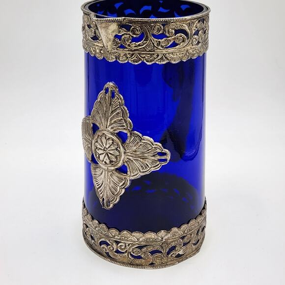 Cobalt Blue Pitcher with Silver Toned Filigree - Picture 4 of 15